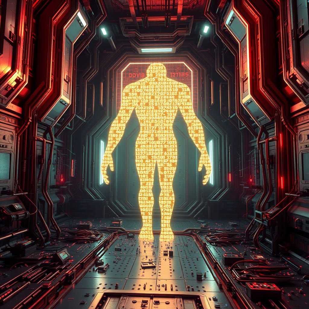 Digital Being Emerges in Futuristic Cyberpunk Realm