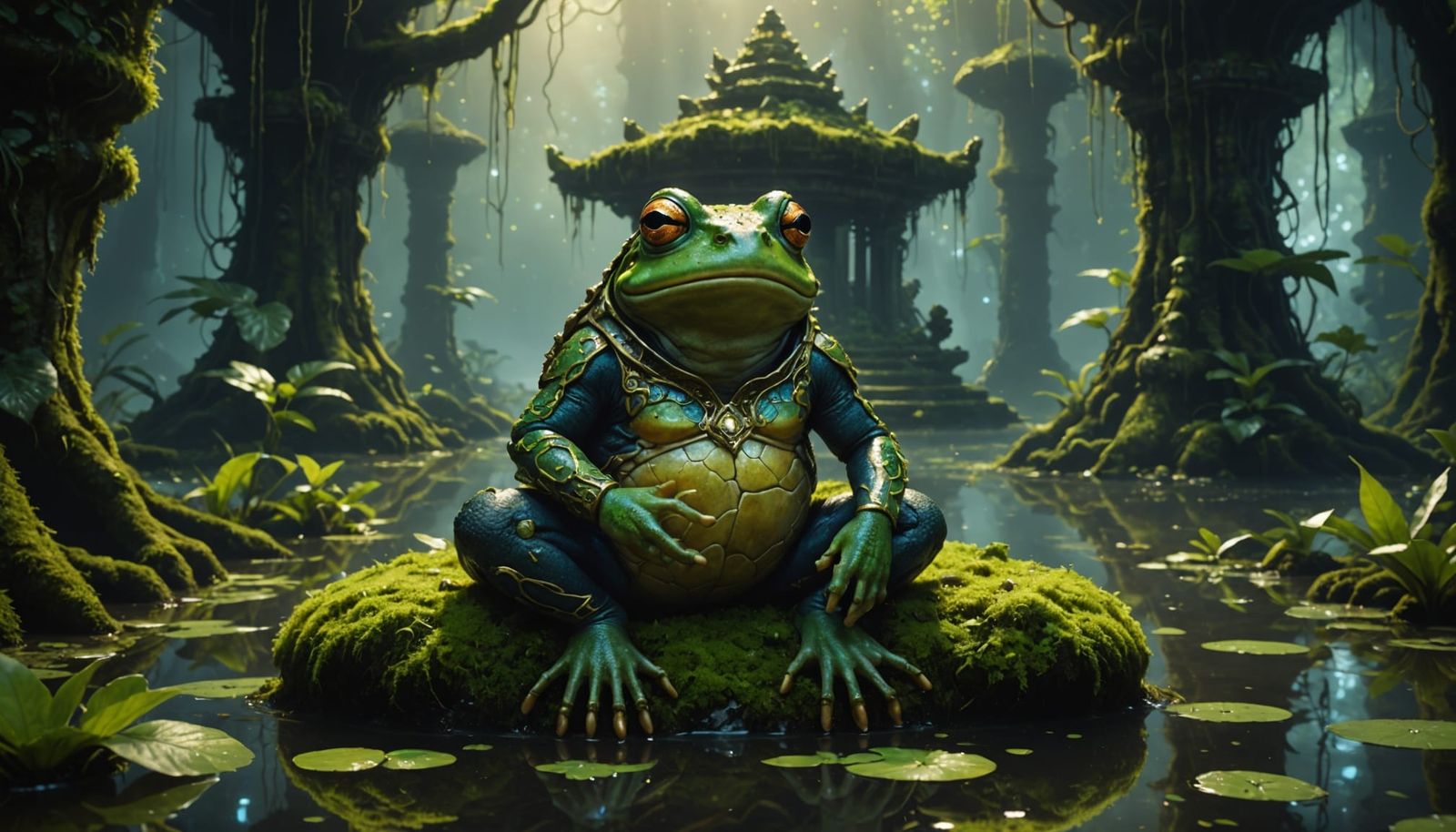 Ancient Bioluminescent Frog Philosopher in Temple