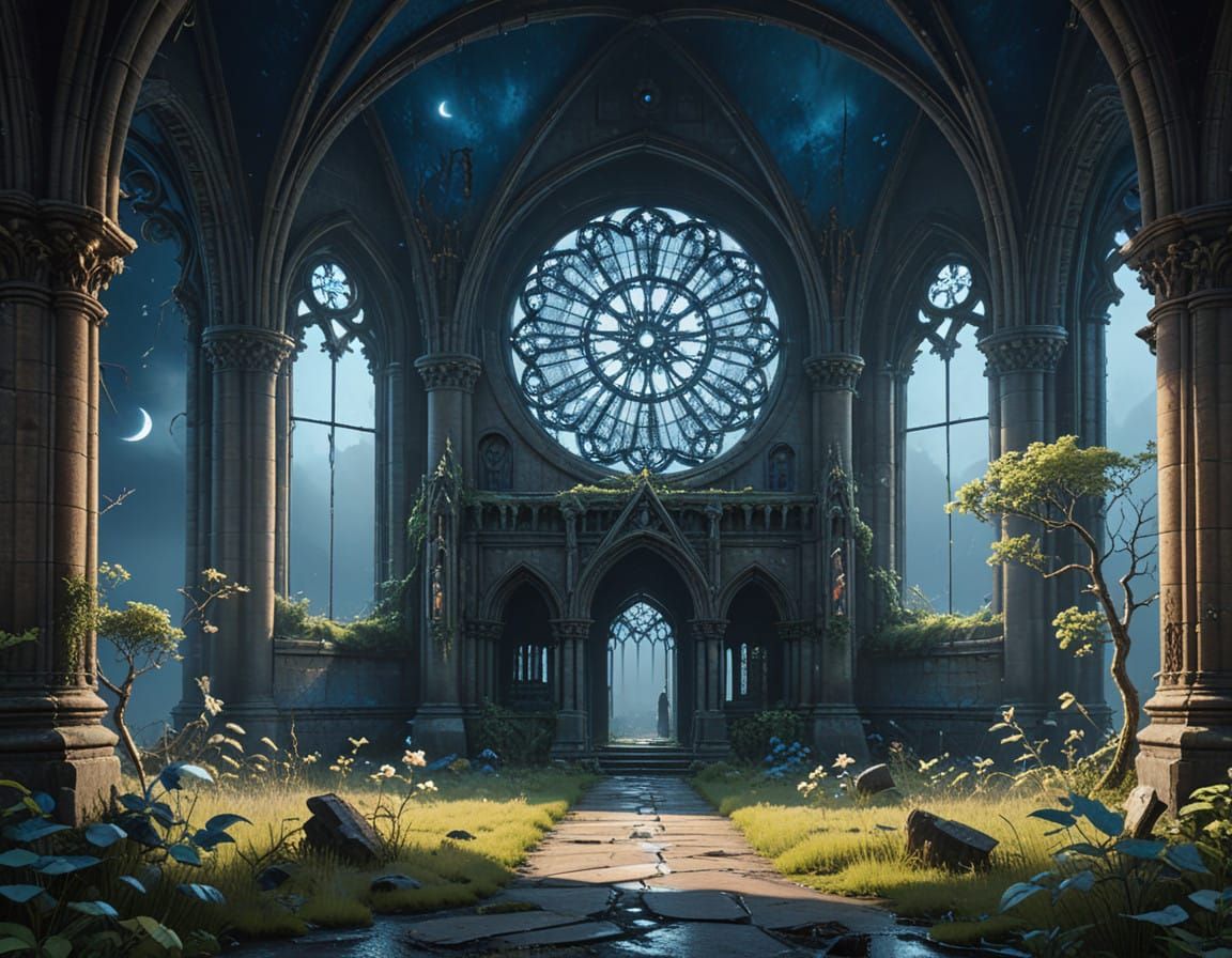 Majestic Gothic Cathedral in Moonlit Fog