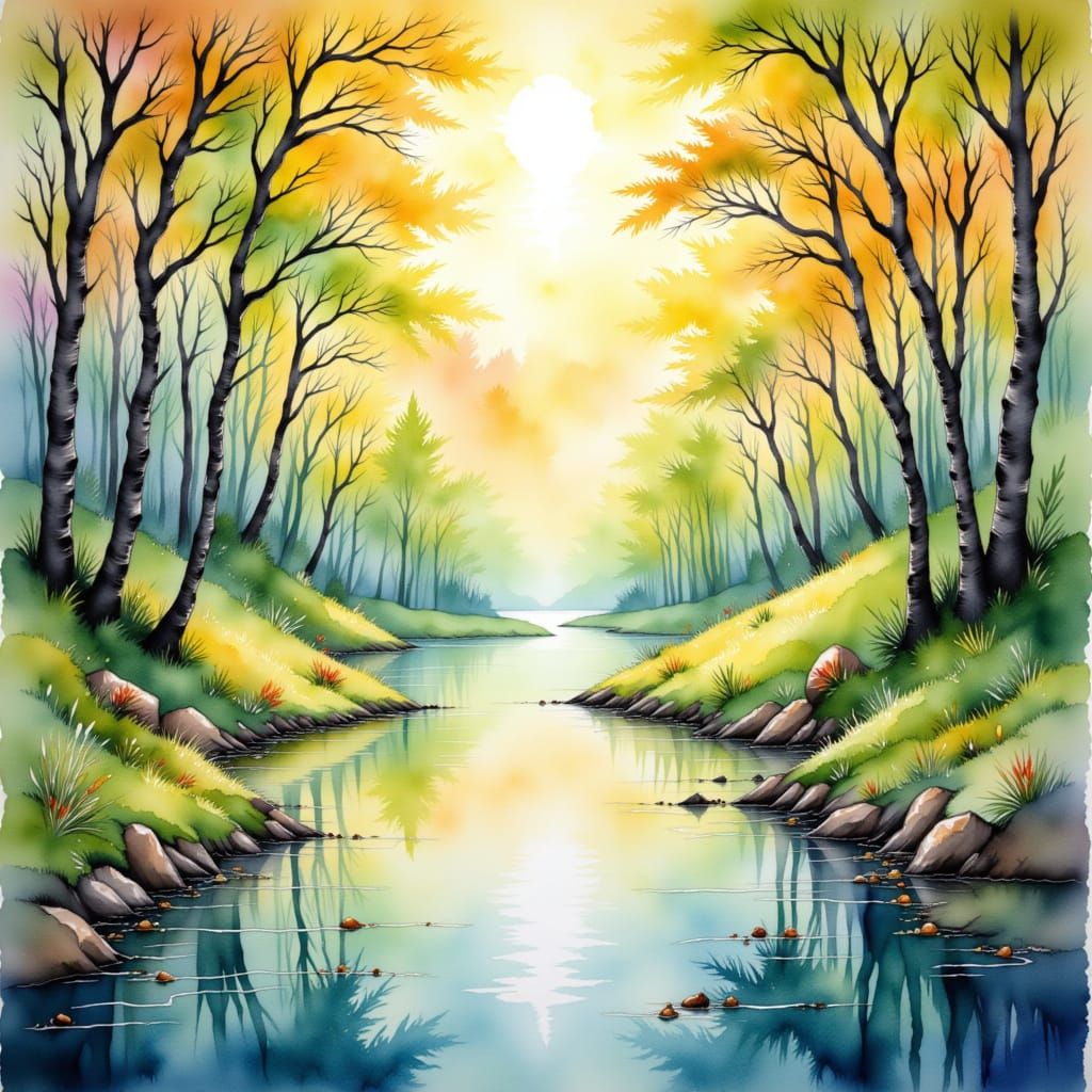 Vibrant Watercolour Landscape with Forest and Lake