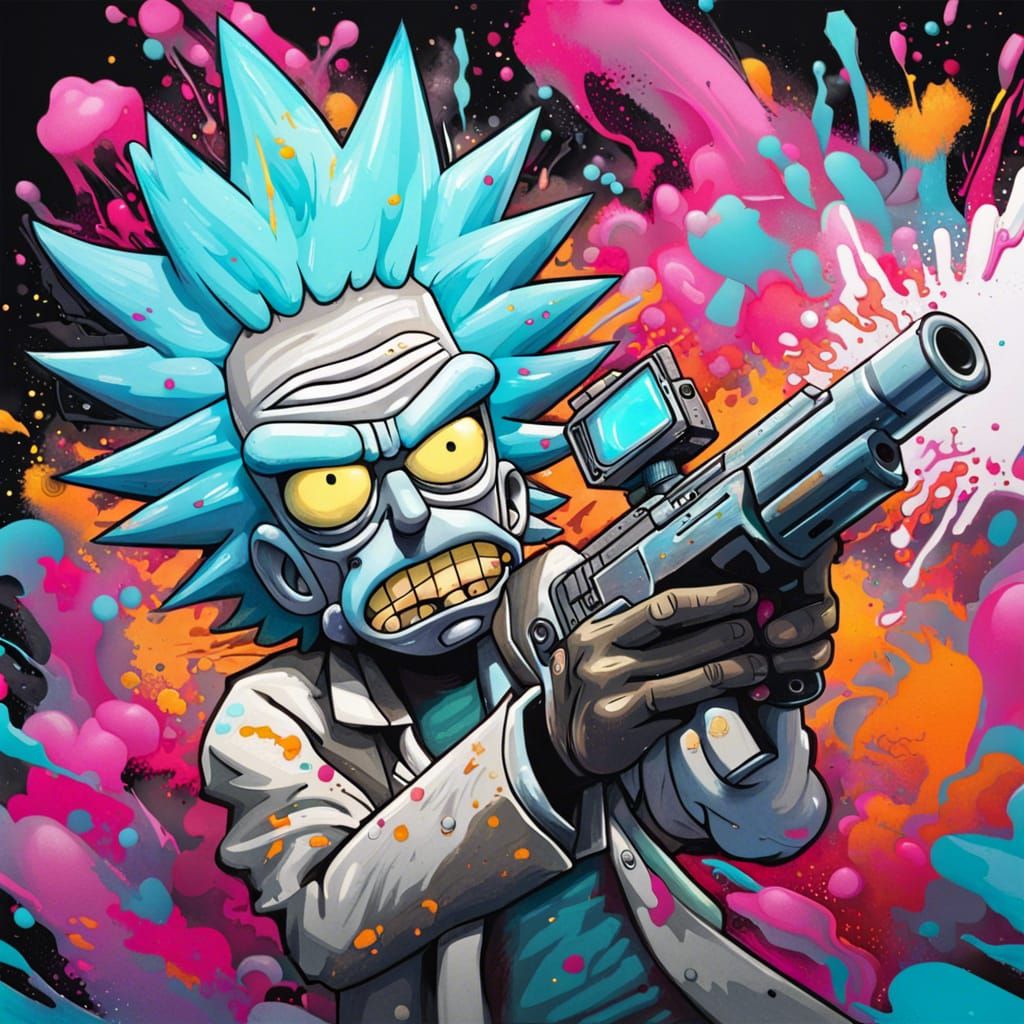 Rick Sanchez Guns Blazing in Graffiti Art Style