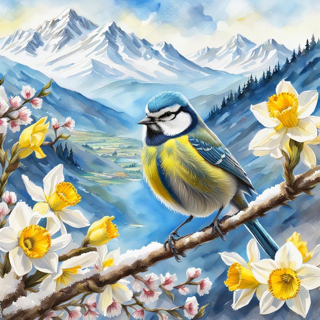 Bluetit Singing on Cherry Tree, Watercolor Painting