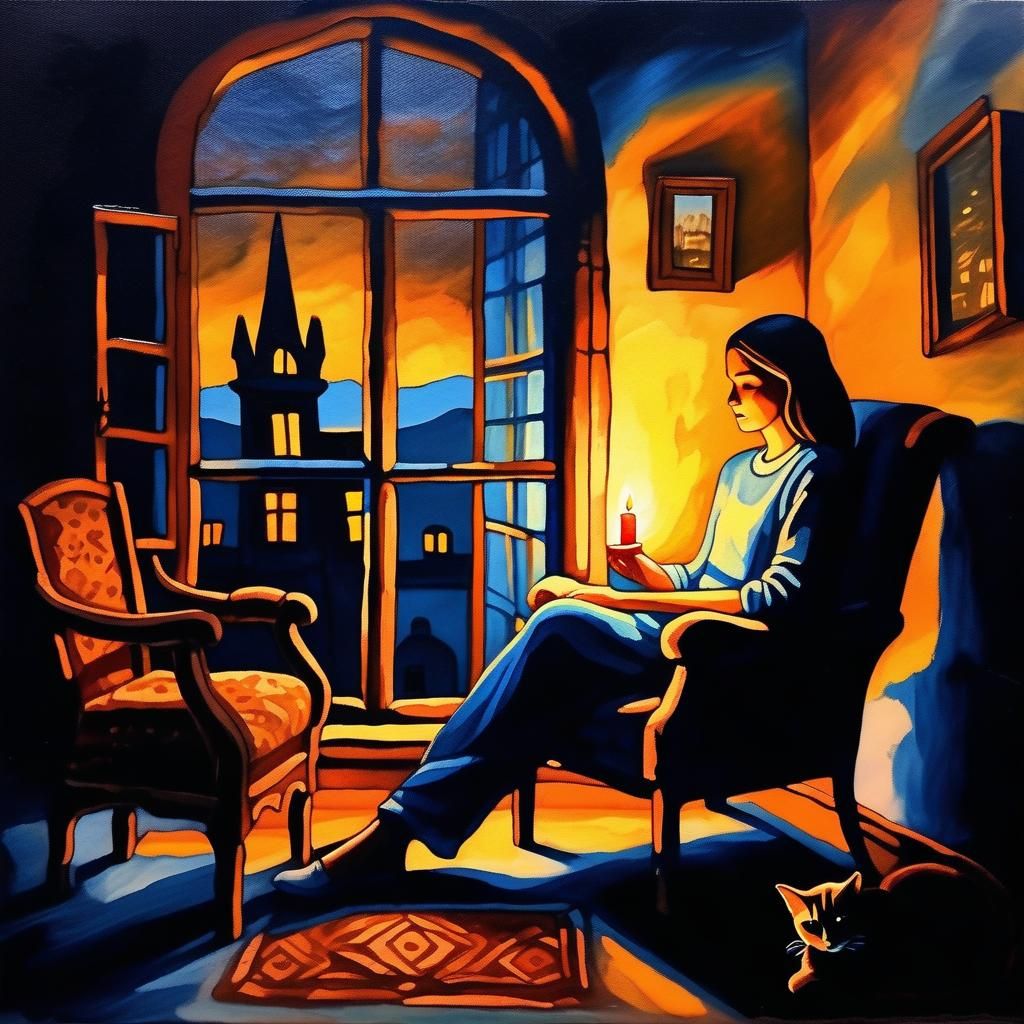 Old acryl impresion painting style small dark room enlighted...