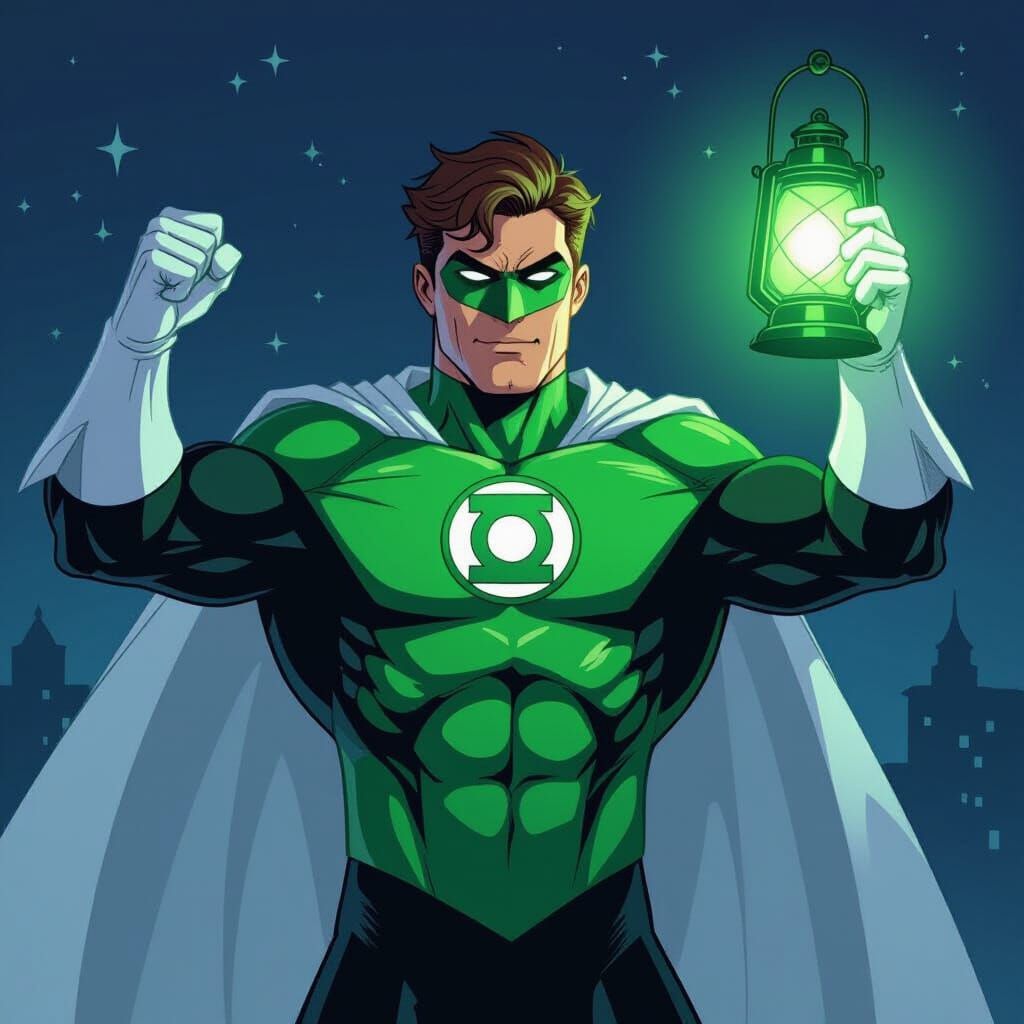 a green lantern is holding up a green glowing lantern in the...