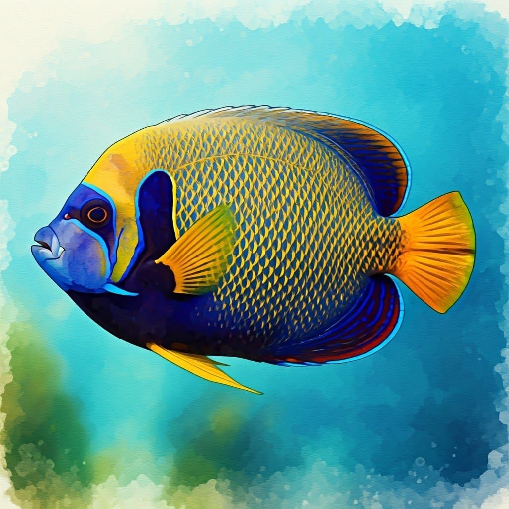 Vibrant Emperor Angelfish Portrait in Turner-Inspired Waterc...