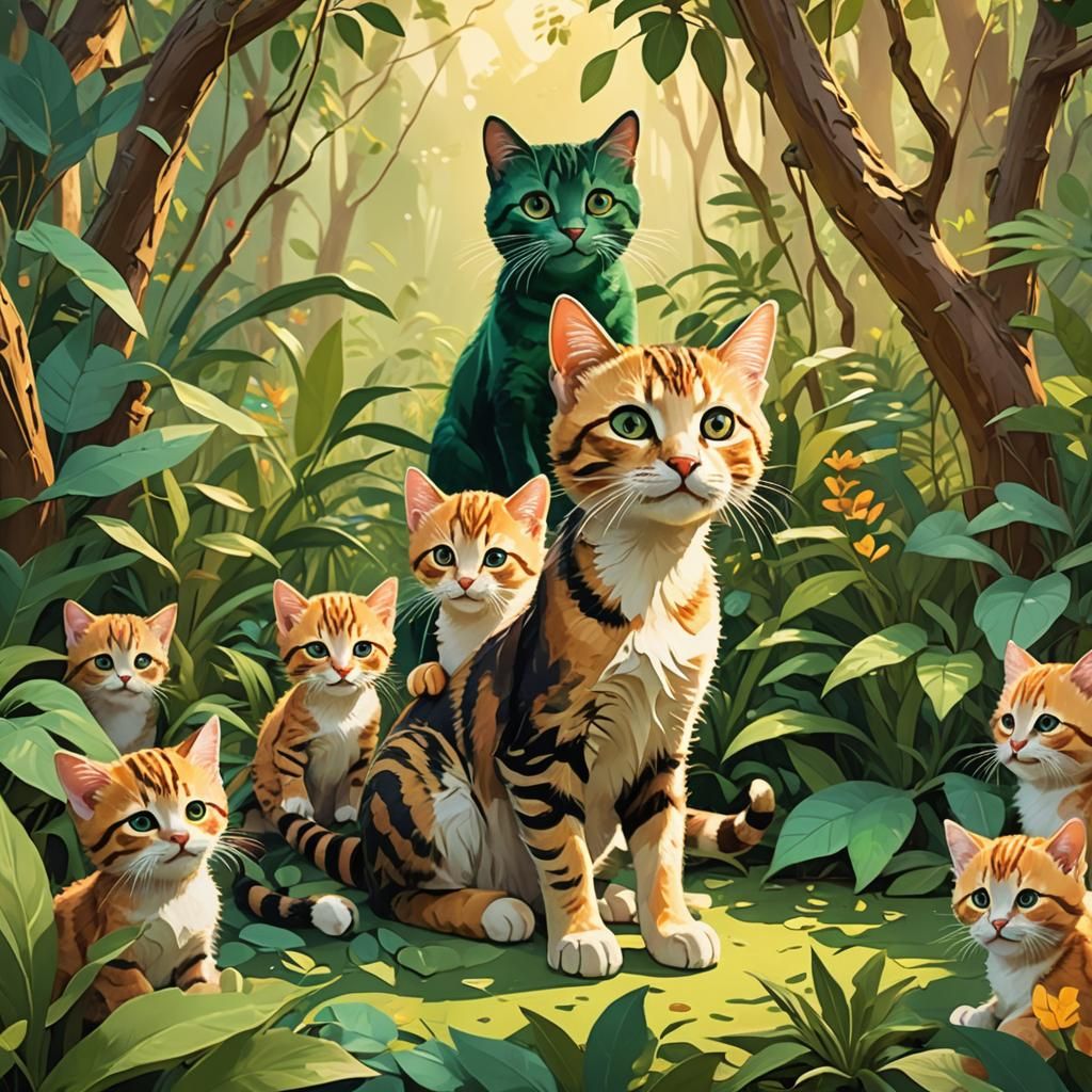 Playful Kittens in Jungle: 3D Magical Realism Illustration