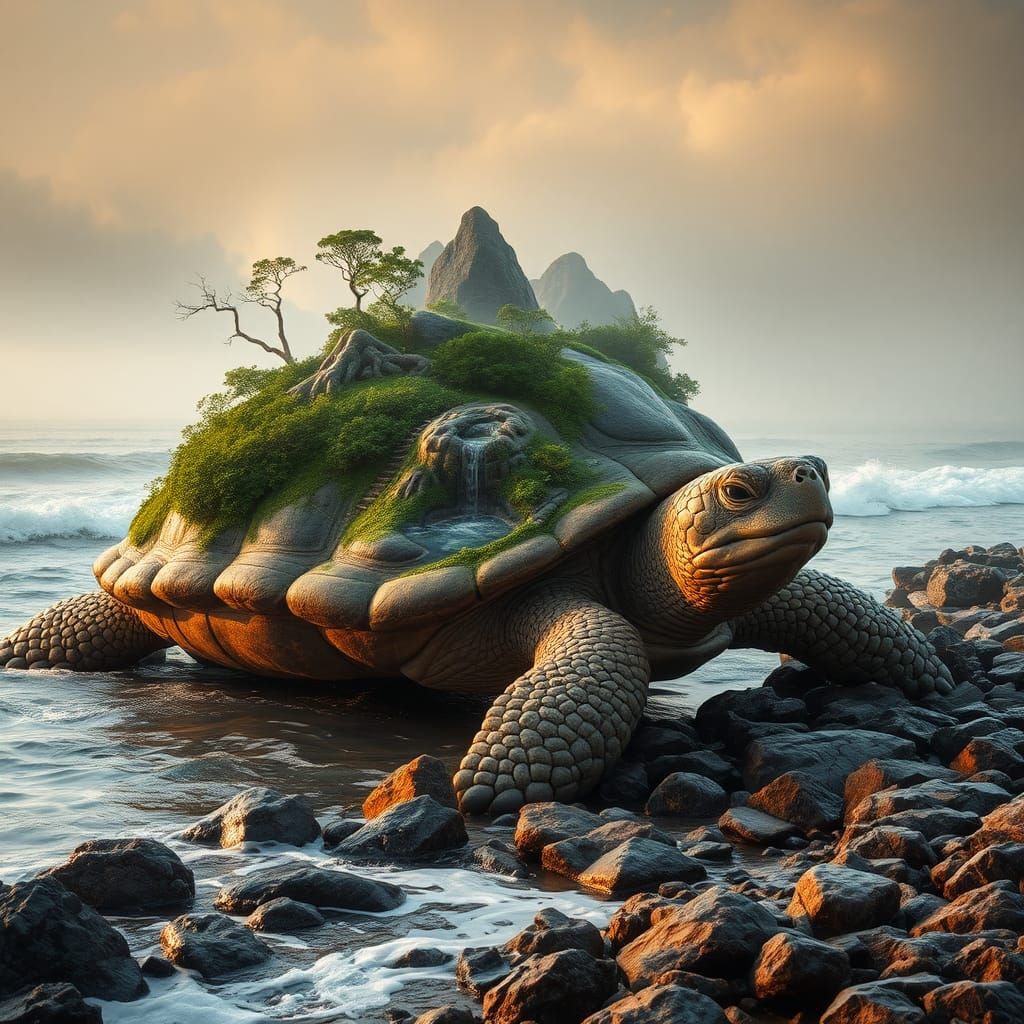 Majestic Stone Turtle Island Emerges from the Ocean