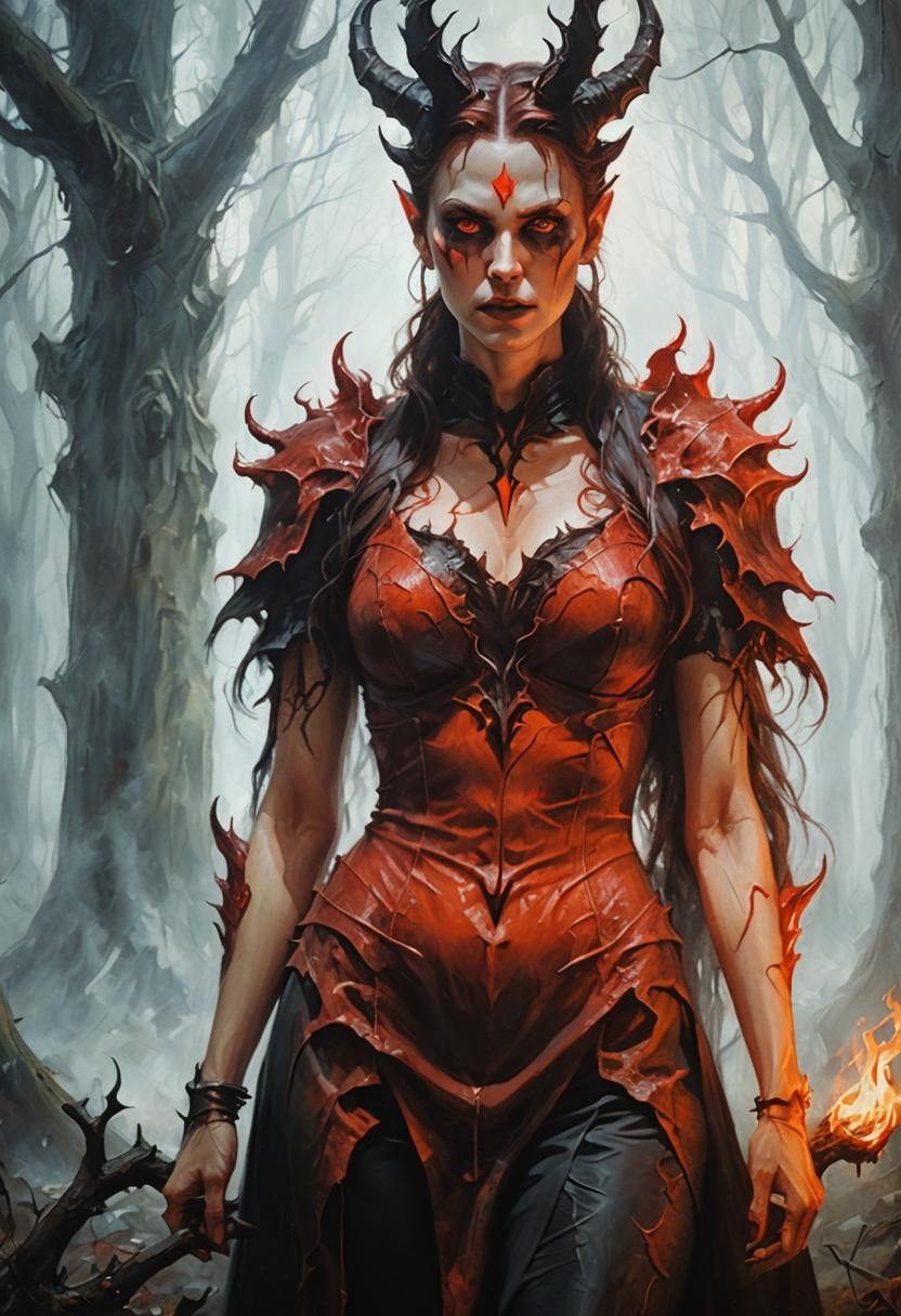 Mystical Horned Woman in Gothic Oil Painting