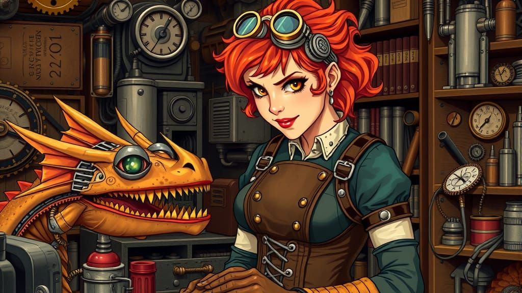 Steampunk Mechanic and Robot Dragon in Workshop
