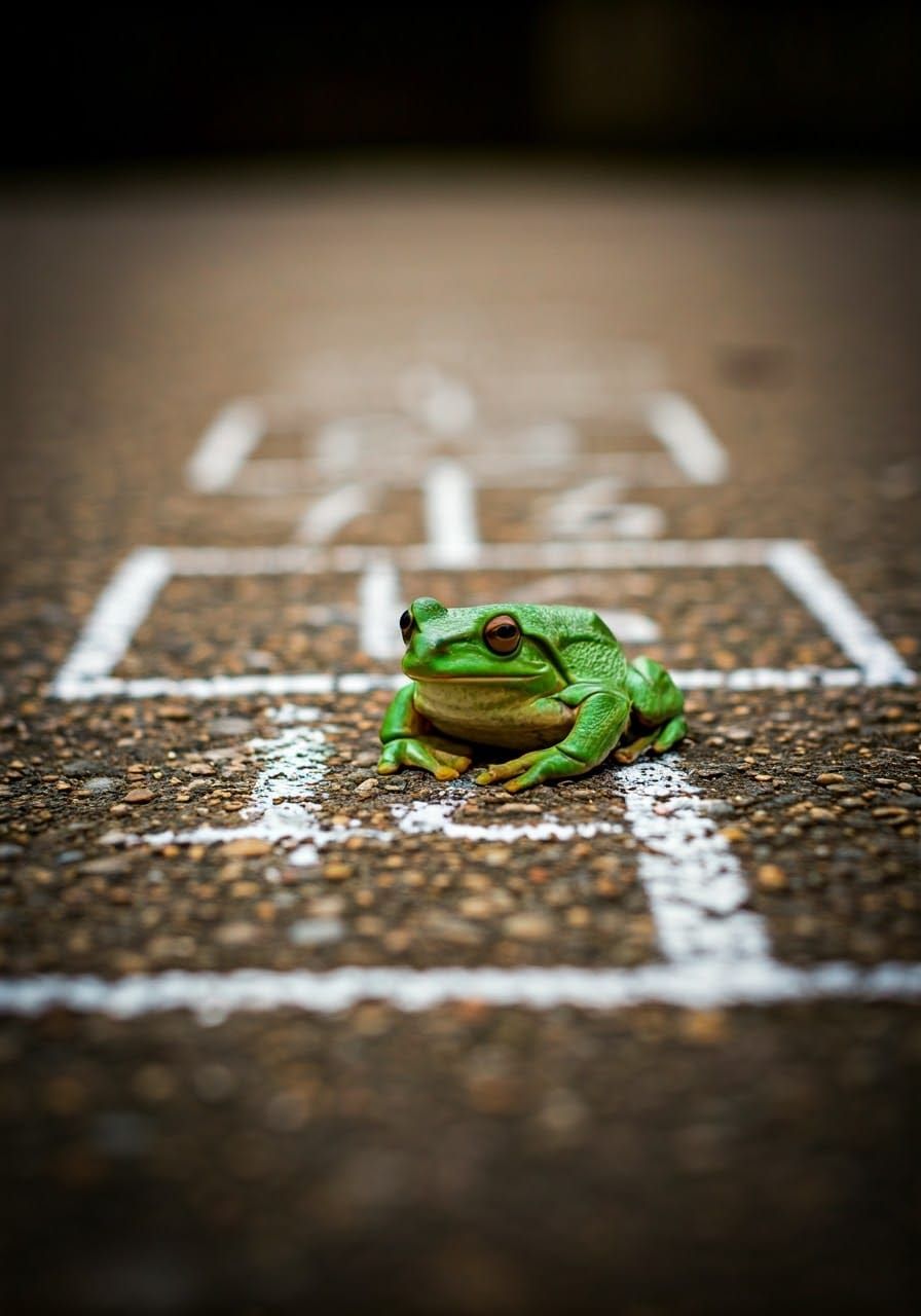 Green Frog Mid-Hop on Hopscotch Grid