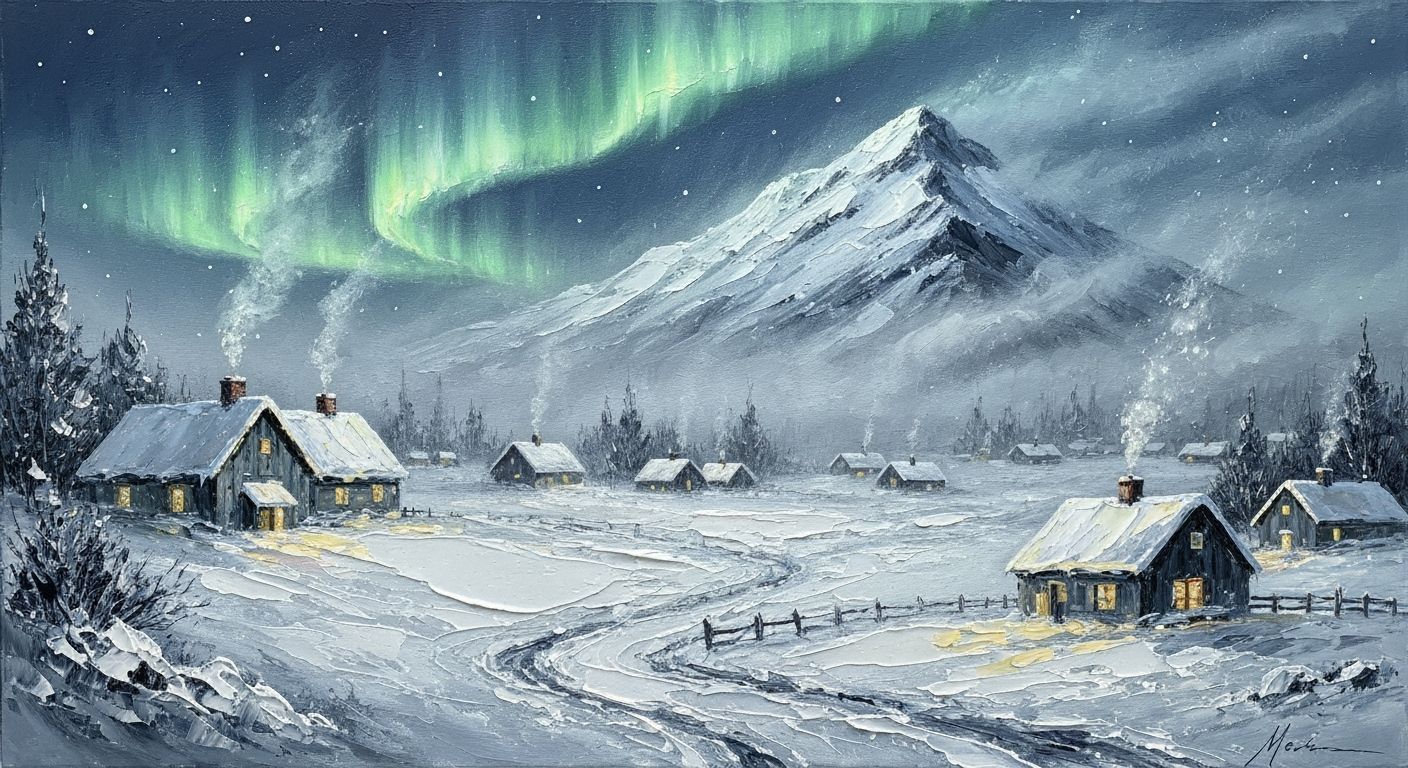 Winter Village in Snowstorm Impressionist Oil Painting