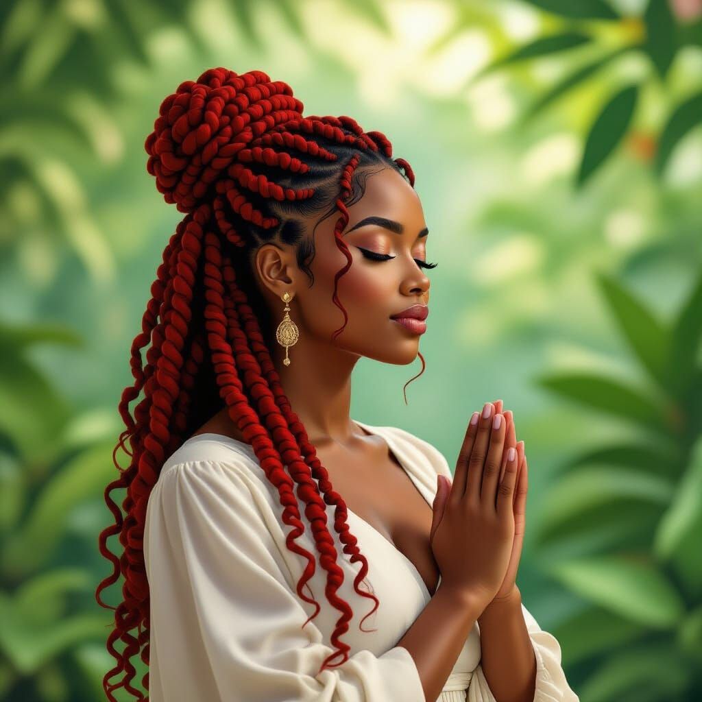 Elegant Woman with Red Locs in Lush Greenery