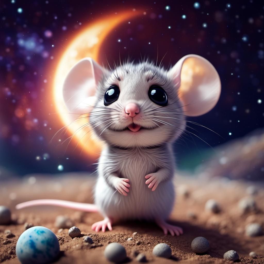 Chibi Mouse on Moon in Starry Night Sky