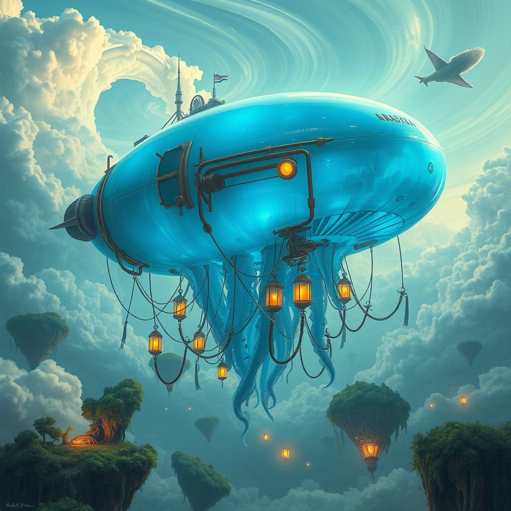 Surreal Steampunk Airship Jellyfish Drifts Through Luminous ...
