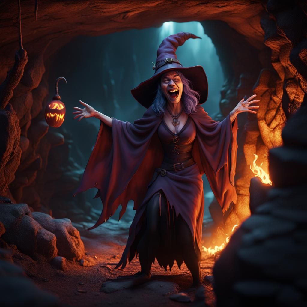 Goofy Witch Laughing in an Evil Cave