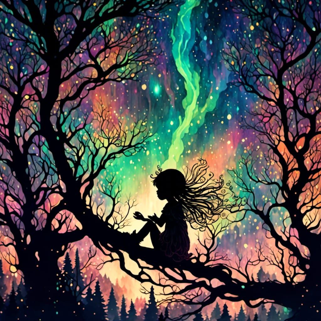 Fairy Gazing at Aurora, Watercolor Style