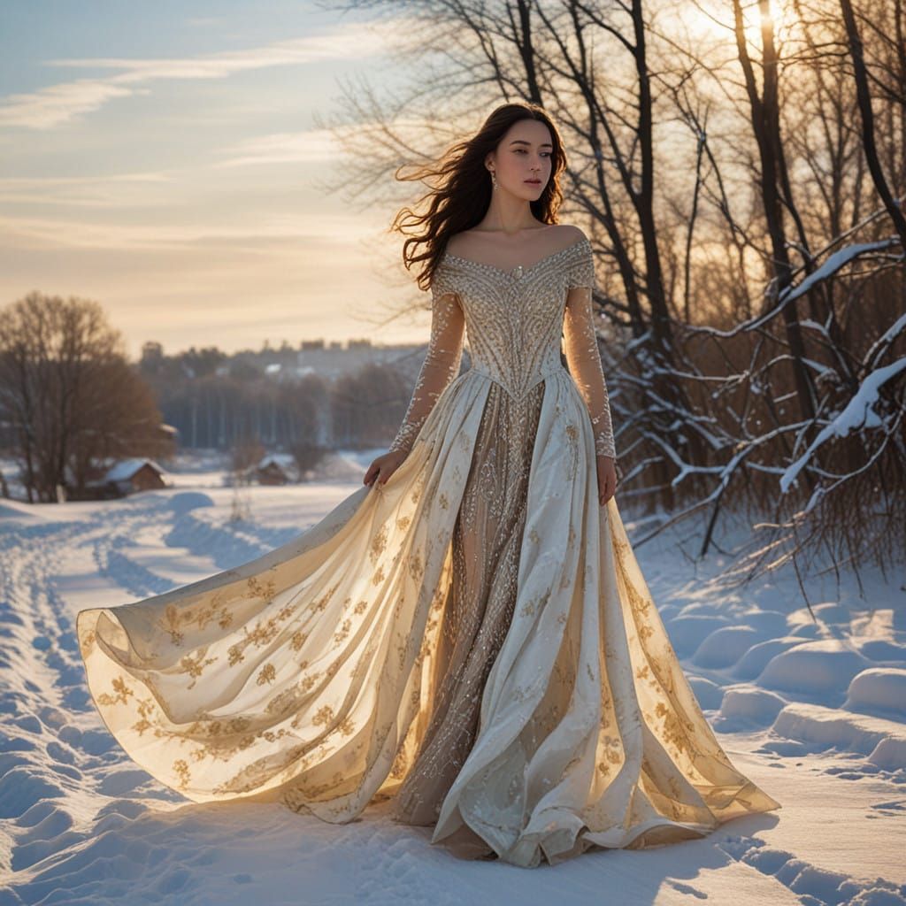 Winter Goddess in Russian Crystal Gown under Golden Sunlight