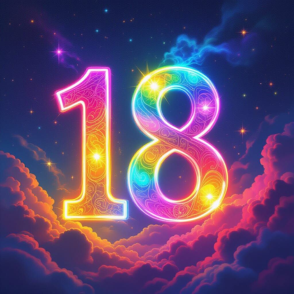 Glowing Number 18 on Rainbow Background