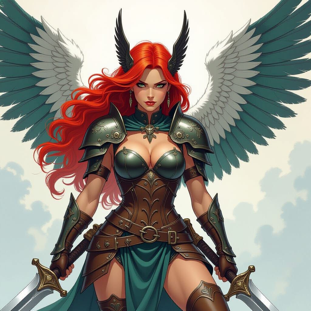Winged Valkyrie with Sword in Fantasy Art Style