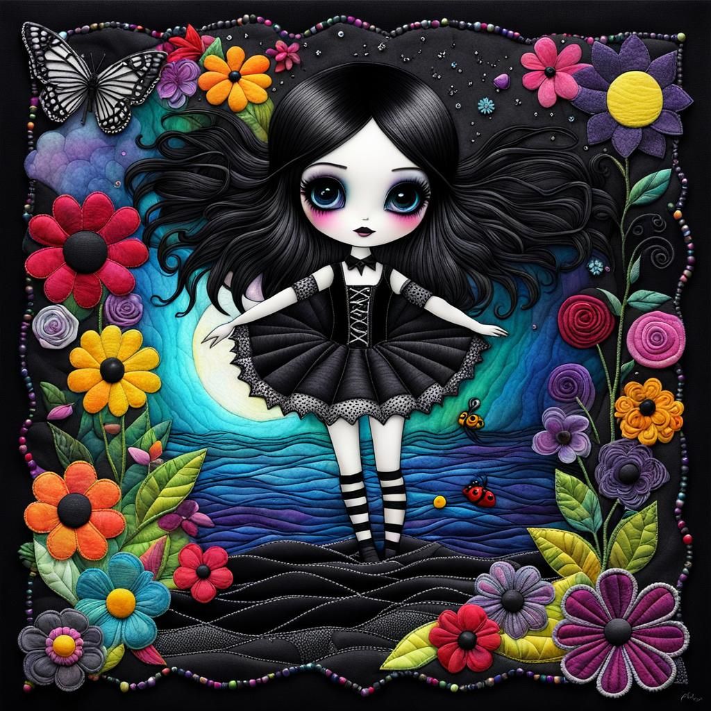 Chibi Goth Girl in Surreal Crayon Patchwork Quilt