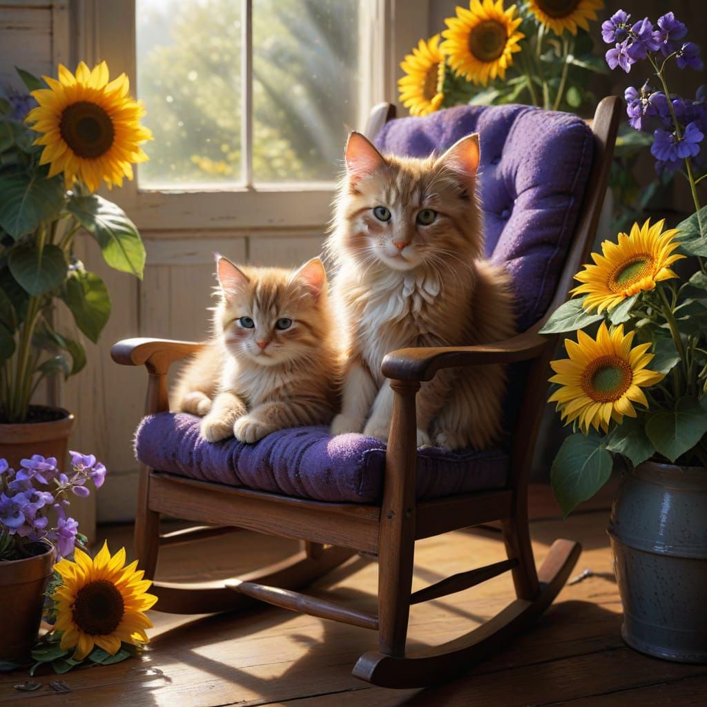 Fluffy Kitten and Puppy in Rocking Chair as Oil Painting