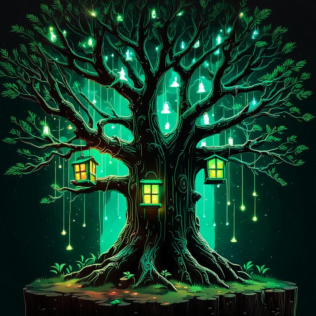 Synthwave Treehouse with Neon Lights and Animals