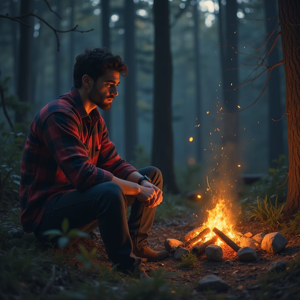 Man Camping in Forest: Atmospheric Digital Art