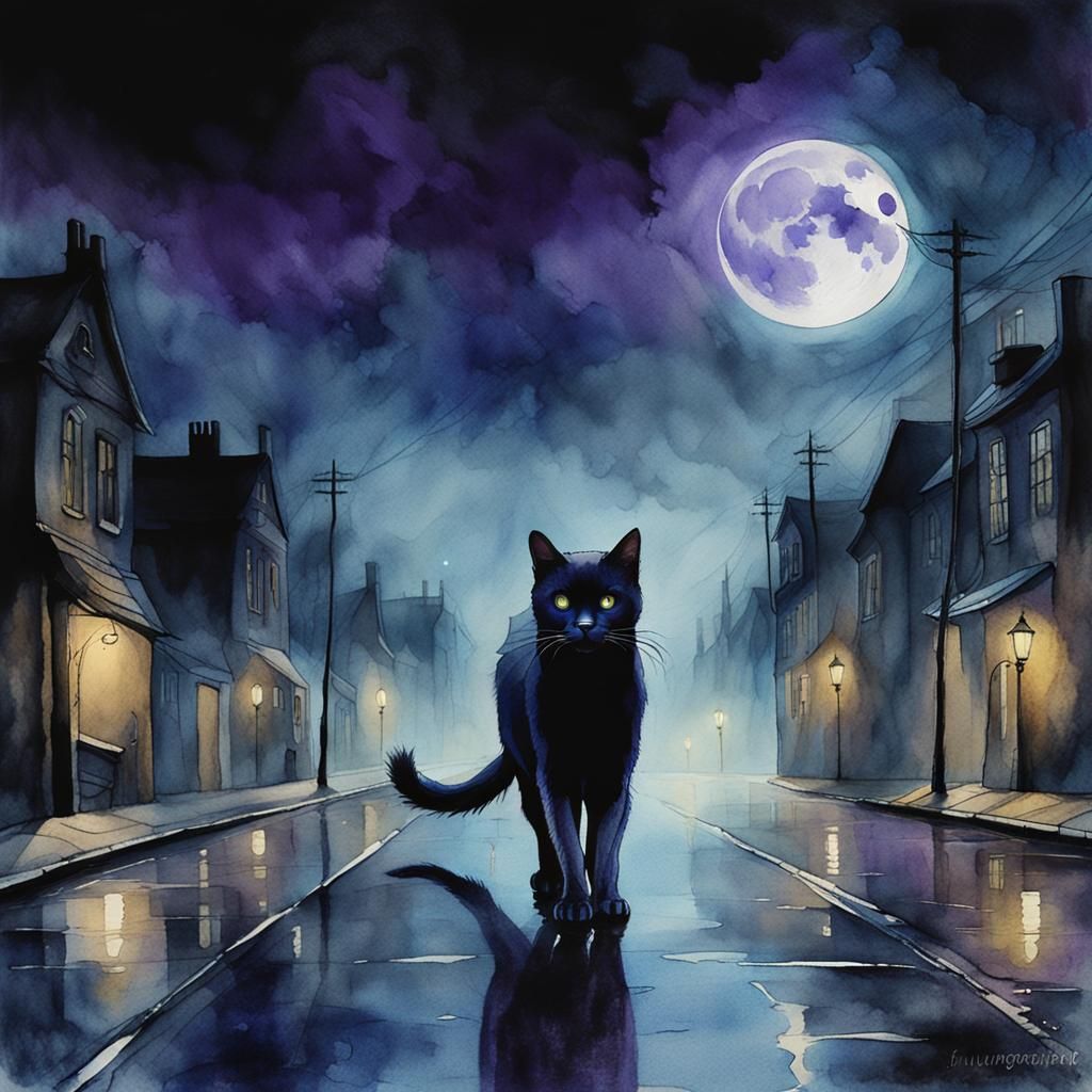 Black Cat in Fog: Surreal Watercolour Art