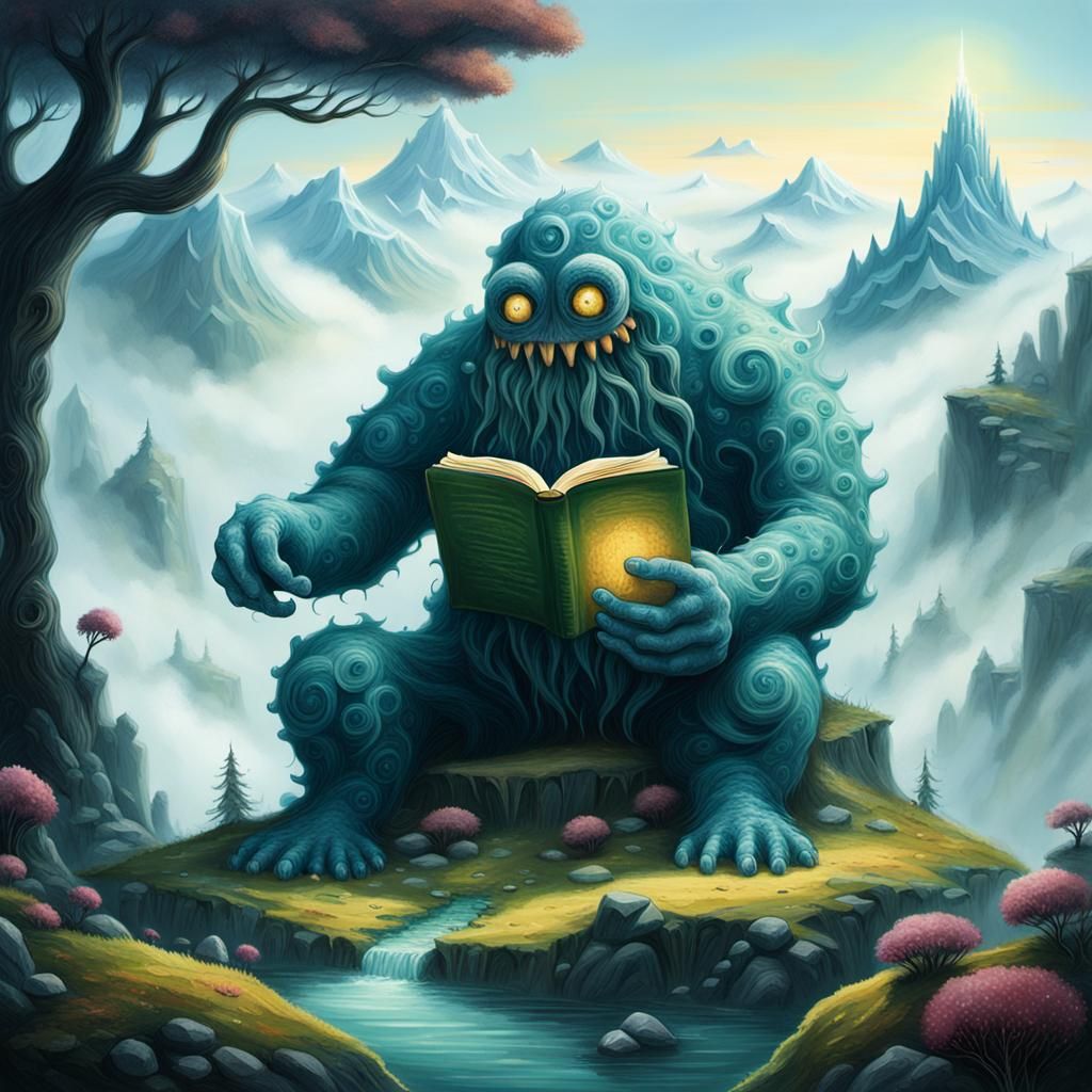 Giant Sponge Monster Reading Book: Ethereal Acrylic Art