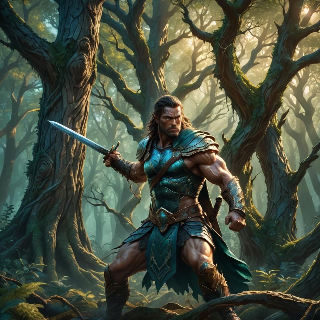 Warrior Versus Entwined Tree in Mystic Forest