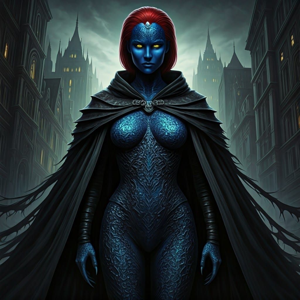 Mystique in Gothic Cityscape with Reptilian Features