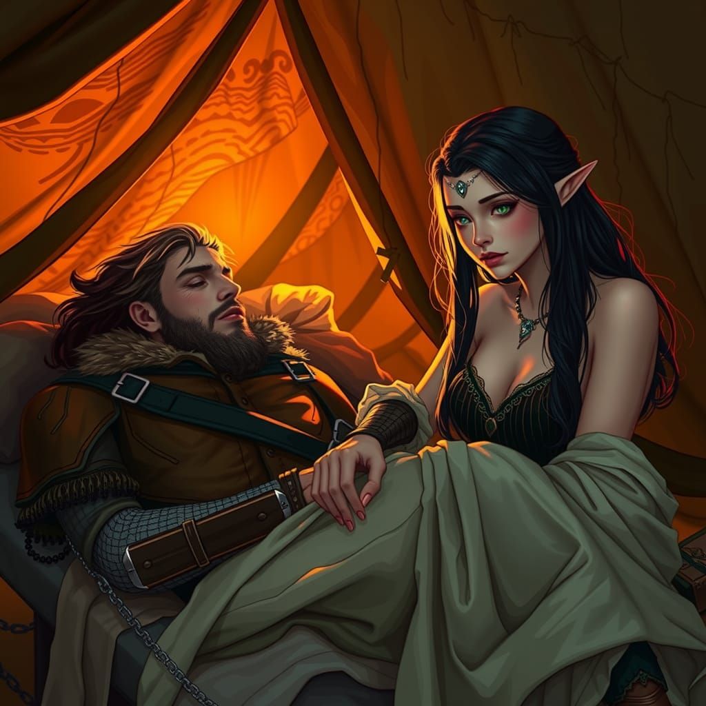Elf Heals Artificer in Tent at Sunset