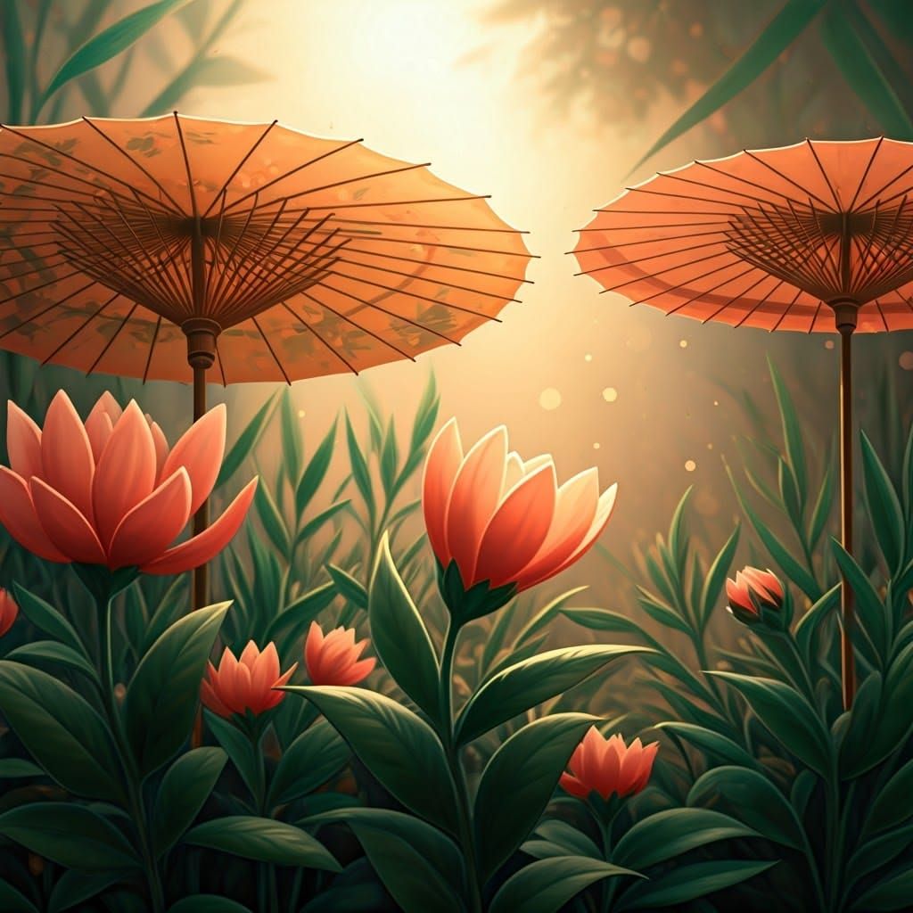 Whimsical Flowers Beneath Watercolor-Inspired Bamboo Umbrell...