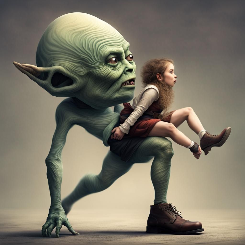 Alien Ascent: A Dwarf Climbs a Woman's Leg