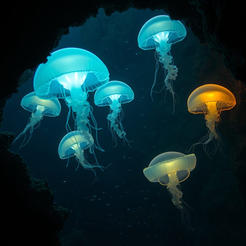 Bioluminescent Jellyfish in Deep-Sea Cave