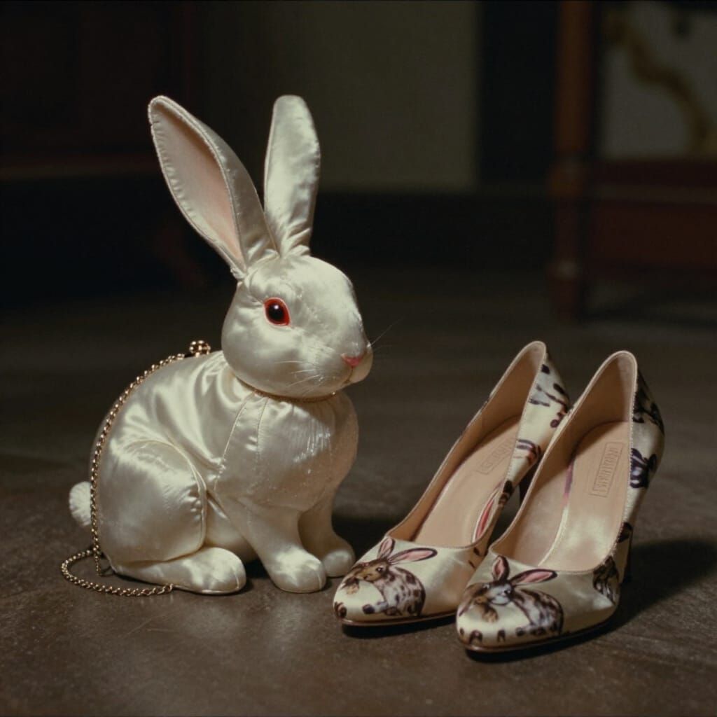 Silk Rabbit Purse and Heels: Cinematic Still