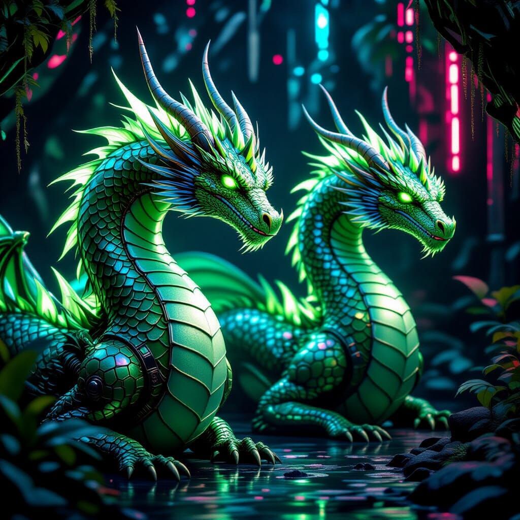 Green Dragons with Iridescent Scales in Cyberpunk Fantasy