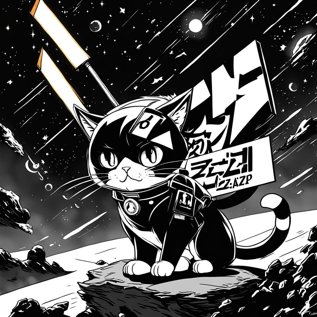 Anime Cat in Space Holding a Sign