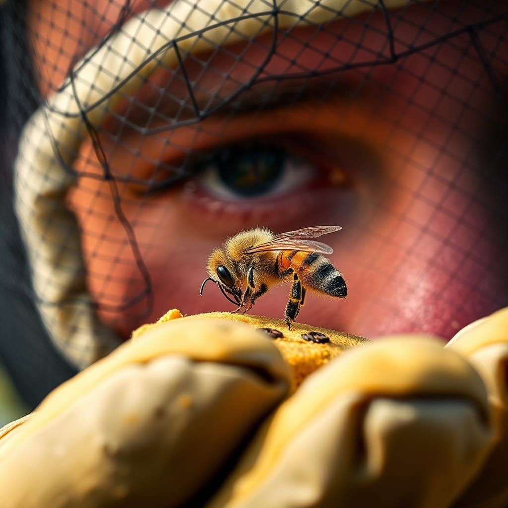 Beekeeper's Eye Sees Honeybee in Hand Macro Illustration