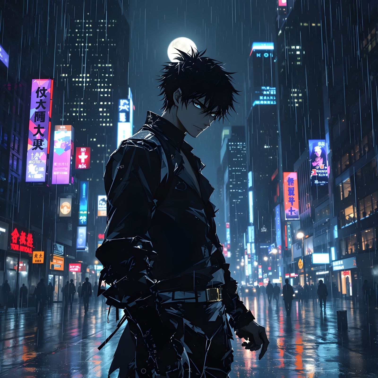 Pale moonlight bathes a rain-slicked city street. A lone figure, clad in a tattered black school uniform, stands silhoue...