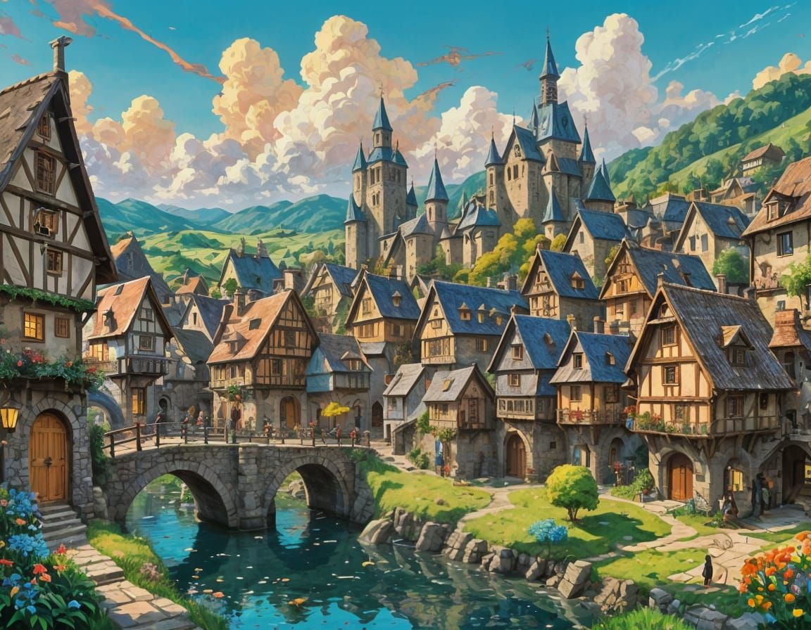 Whimsical Medieval Village in Vibrant Acrylic Style