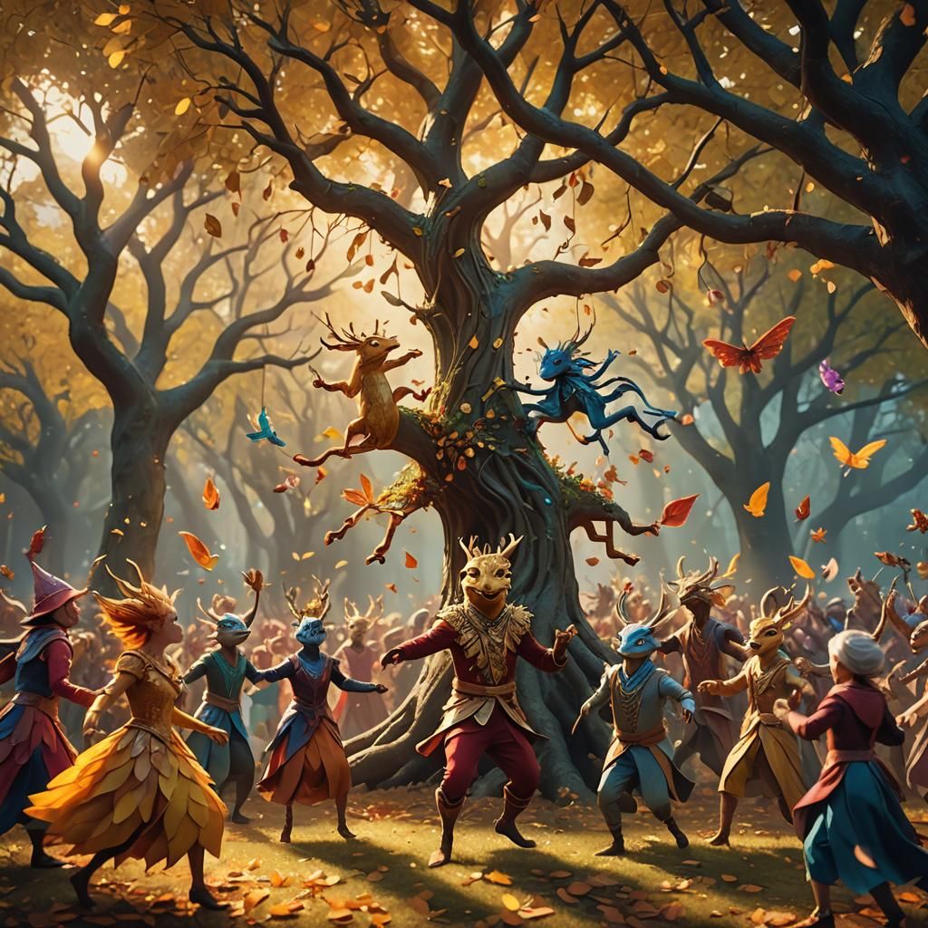 Joyful Fantasy Celebration with Dancing Creatures