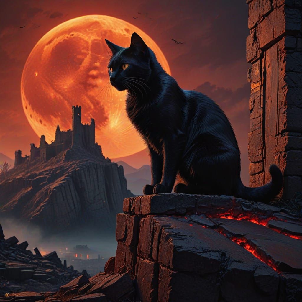Black Cat Under Blood Moon in Dark Fantasy Art