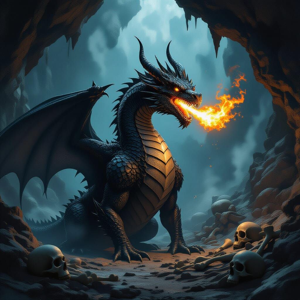 Fierce Black Dragon in Bone Cave