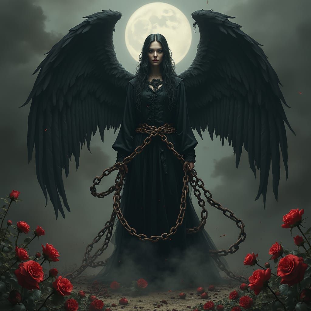 Gothic Angel in Dark Velvet Robes with Black Wings and Chain...