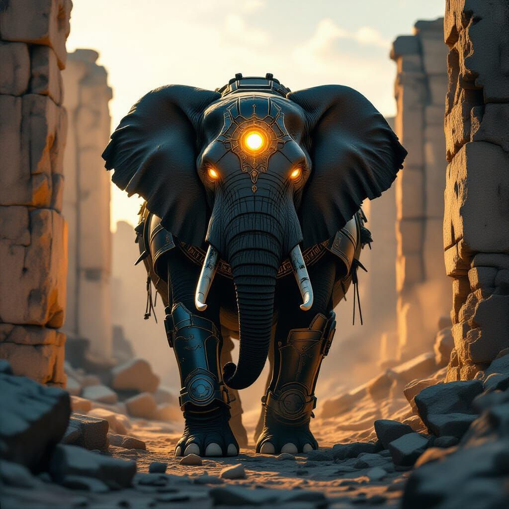 Armored Elephant Amidst Ancient Ruins