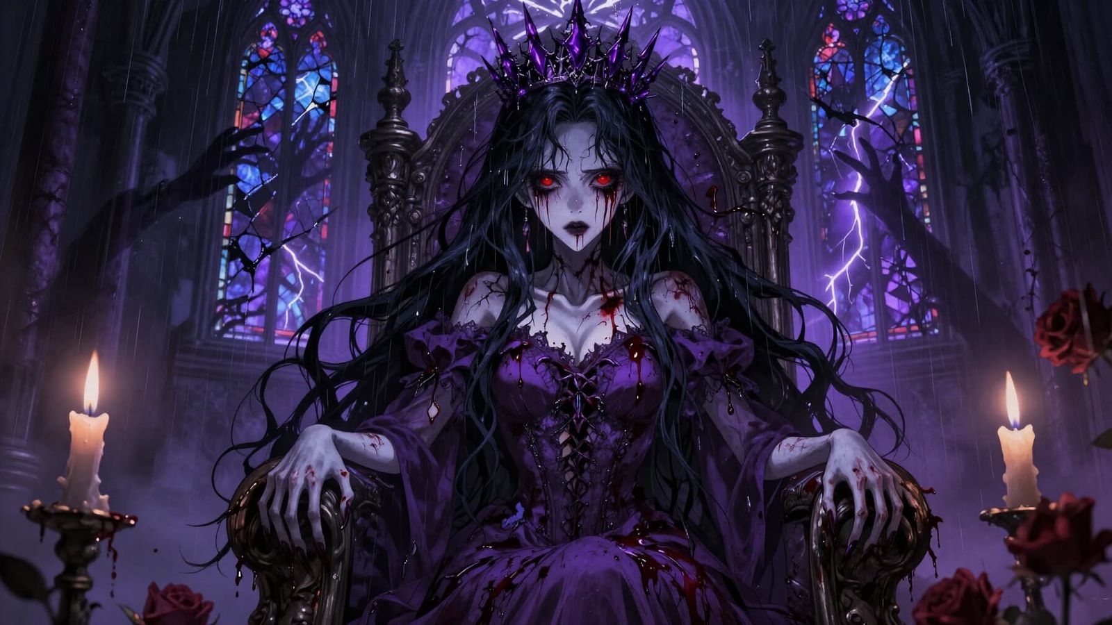 Cursed Violet Queen in Dark Anime Horror Style