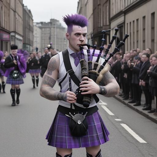 Scottish Punk Bagpiper with Purple Mohawk