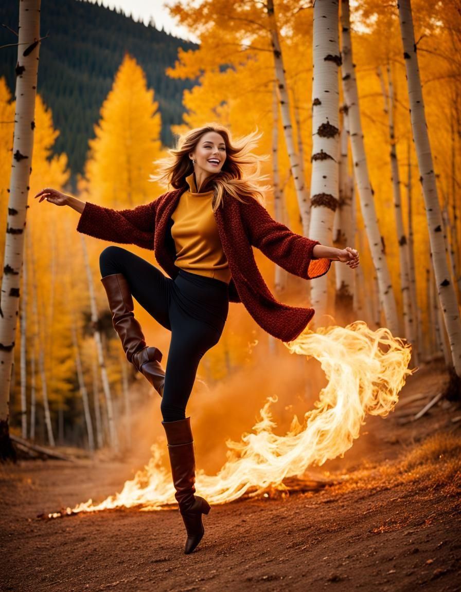 Woman Dancing by Bonfire at Aspen Ski Resort