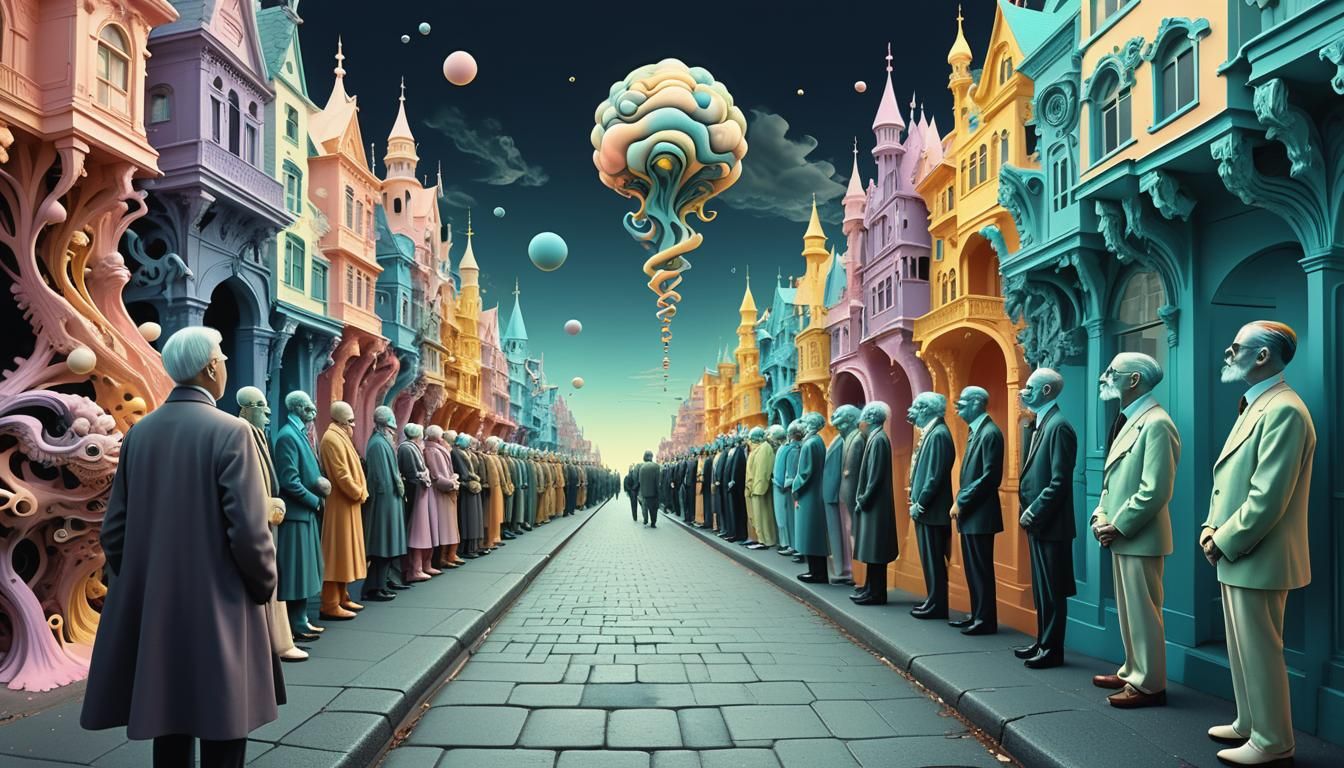 Surreal Street Scene with Colorful Characters